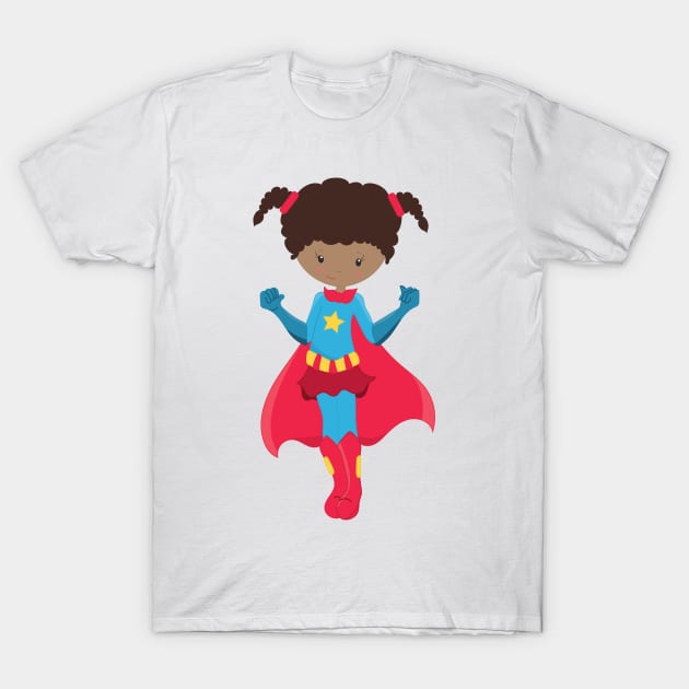 African American Girl, Superhero Girl, Red Cape T-Shirt by Jelena Dunčević